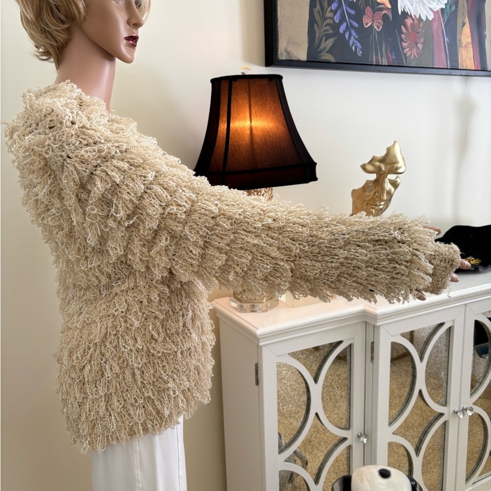 Beige Textured Fringe Open Front Jacket - Picture 7 of 10
